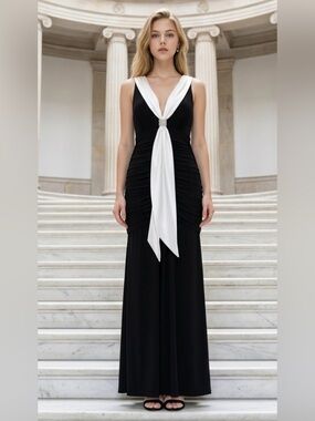 Jessica McClintock Black Maxi Dress with White Front Draped Accent